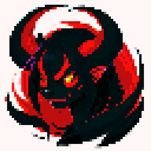 Dark, fierce, and stunning, a chimera with a blend of black and red, depicted in pixel art with vibrant sRGB colors