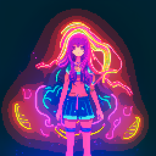 Mage anime girl with flowing hair, fluorescent tattoos, and a glowing staff, navigating through a purple neon-lit night market, vibrant colors, intricate patterns, retro aesthetics, pixel art