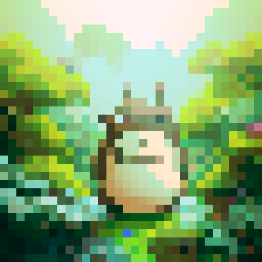 Totoro, surrounded by lush green trees, sitting on a moss-covered stone, with raindrops falling around, in vibrant pixel art style