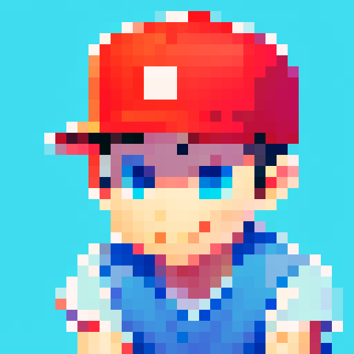 Pixelated school boy, age 10, with a smile on his face, wearing a baseball cap. Looks like Nes from Earthbound. Should have a cartoonish look.