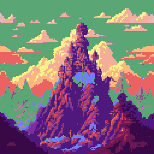 fantasy ship, pixel art, sRGB, background, vibrant colors, towering masts, billowing sails, mystical clouds, majestic mountains, cascading waterfalls, lush forests, blue skies