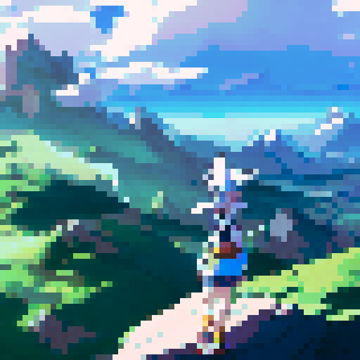 "Serene anime Aang stands tall with wind-whipped robes on misty mountain peak, gazing over swirling clouds, holding glider in right hand."