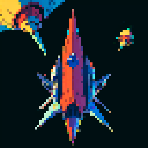 a pure 2d sprite for a space game. a top down view of a triangular spaceship all by itself ,style of the 80s. The spaceship should not have any shadows.