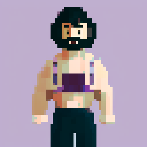 Buff white man, arms crossed, long black hair, purple aura, purple eyes, wearing only black baggy pants, pixel art