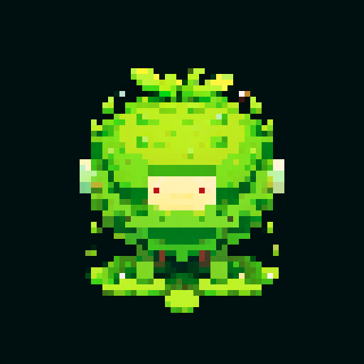 slightly larger, plant-like creature, defined features, bark-like skin, budding flowers, friendly expression, sturdy build, pixel art, sRGB