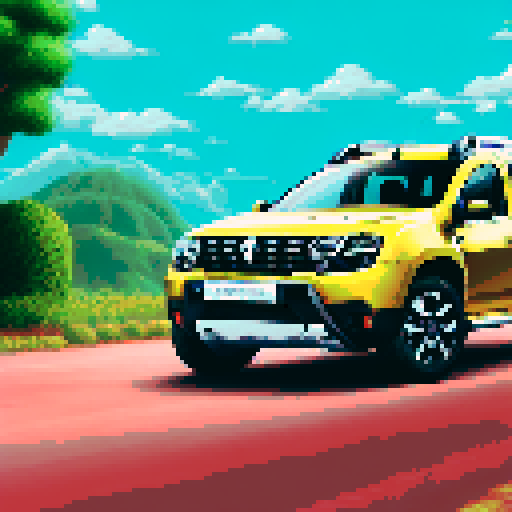 Photorealistic whole Renault Duster centered, three-quarter view, right front wheel, clean background, sRGB colors, pixel art style