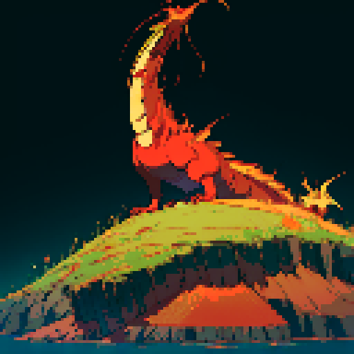 fire dragon with shimmering red scales, hoard of gold coins glimmering in the background, dragon leisurely lounging on top of a massive pile of gold coins, dragon's majestic form taking up the full canvas with intricate pixel art details in a vibrant sRGB color palette, cavern backdrop, cavern background