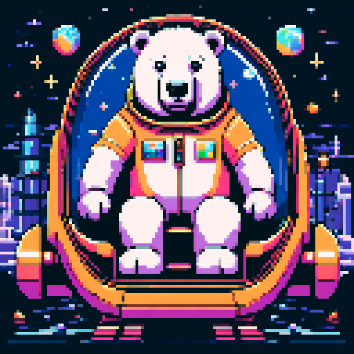 "An 8-bit pixel art of a polar bear aboard a rocket ship heading to the moon. The bear, wearing gold chains, sunglasses, and a futuristic helmet, stands confidently at the cockpit with monitors displaying cryptocurrency charts and a glowing 'To the Moon' sign. The cabin is sleek and high-tech, with stacks of crypto coins floating in zero gravity. Outside the window, the moon looms closer against a backdrop of stars, emphasizing the bear's journey as a crypto mogul."