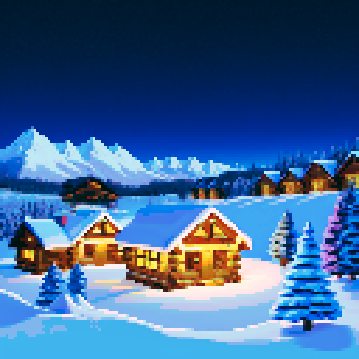 snowy mountain range ski town with a tiny lodge, igloo, campsite, cold, pixel art, sRGB, christmas themed