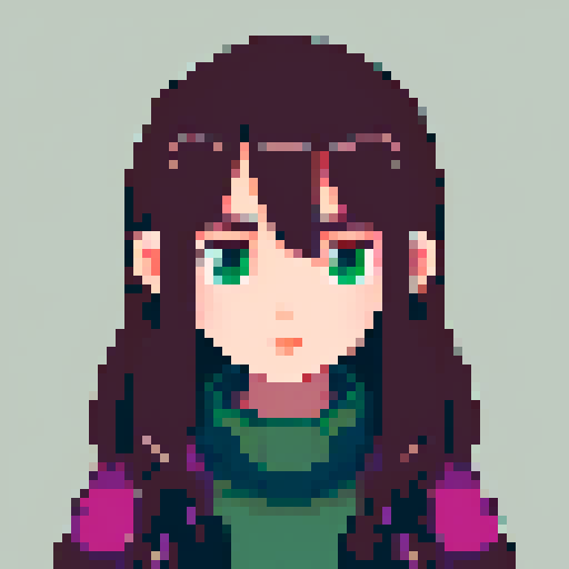 portrait, sprite art, character art, young woman, cute, cozy, shy, sad, mysterious