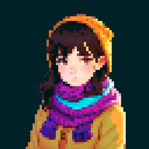 portrait, sprite art, young woman, dark eyes, dark hair, shy girl, awkward, cute, soft eyes, autistic, cozy, scarf, shy, timid, stardew valley