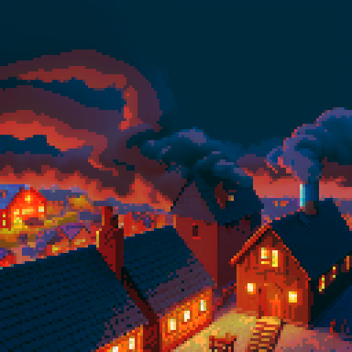 birds eye view, blacksmith shop, pixel art, sRGB, exterior view, smoke coming from chimney, window glowing from forge, vintage pixelated gaphics, vibrant sRGB colors, 