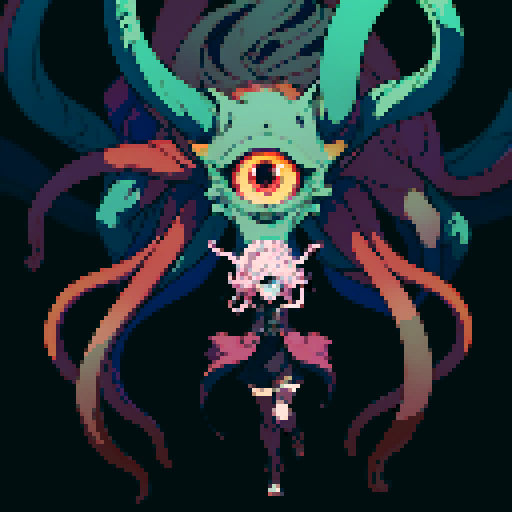 eldritch being, tentacles writhing, full body floating, brain pulsating, many eyes staring, eyeballs bulging, sRGB pixel art