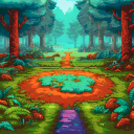 Isometric forest arena battle, vibrant colors, dense foliage, towering trees, moss-covered ground, dappled sunlight, atmospheric background, immersive landscape