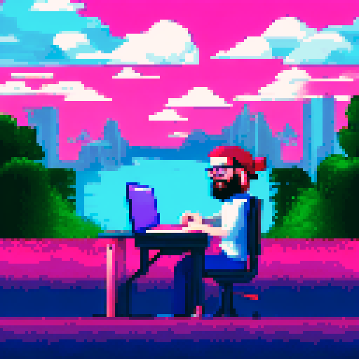 Bushy-bearded programmer furiously typing at desk with black-and-white cat lounging atop computer tower amidst a retro game-style, pixelated landscape with vibrant sRGB colors