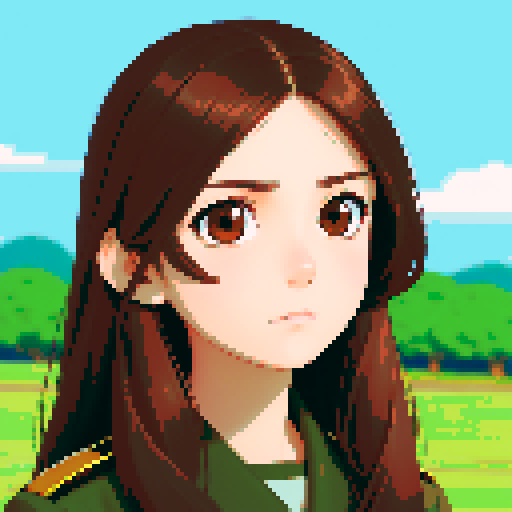 young girl, large round eyes, brown hair, brown eyes, wearing combat army uniform, upper body close-up, clean and detailed, centered composition, beautiful girl, long flowing hair, detailed eyes, slim figure, soft smile, round face, like Japanese anime