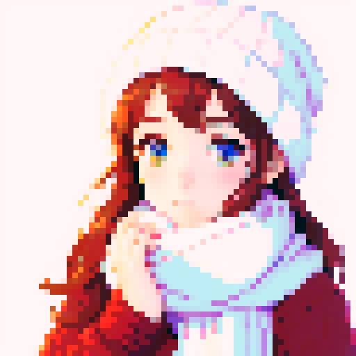 portrait, sprite art, young woman, cute, soft eyes, autistic, cozy winter, white scarf, shy, timid, stardew valley