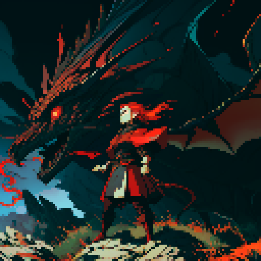 red dragon, fiery scales, sharp claws, fierce expression, towering presence, detailed pixel art, vibrant colors, textured scales, intricate patterns, glowing eyes, majestic wings, powerful tail, smoke billowing from nostrils