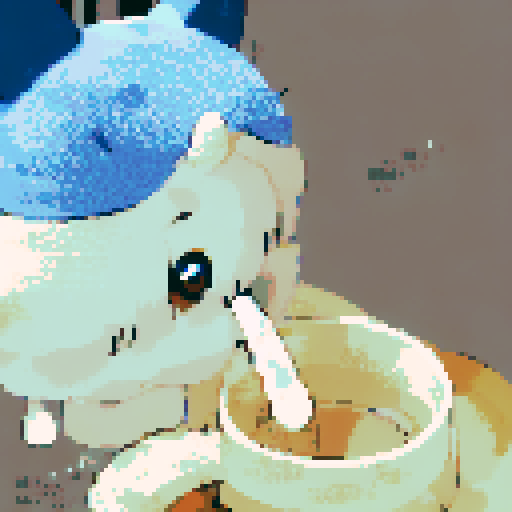 cartoon rabbit with blue ears, character portrait, close up, anime style, pixel art, expressive eyes, fluffy fur, vibrant colors