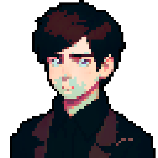portrait, sprite art, young man, sad, narrow eyes, muted colors, depressed, neutral, eccentric