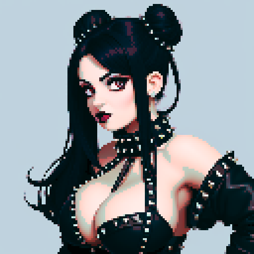 curvy, busty cute goth babe with studded collar, big titty goth wearing studded leather halter top. Large breasts. hair in buns. close up portrait, pixel art, sRGB