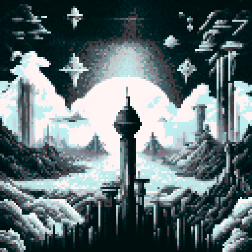 Huge, looming space station with sharp, angular edges and a sleek, metallic finish, set against a vast, star-filled void, all rendered in stark, high-contrast black and white pixel art