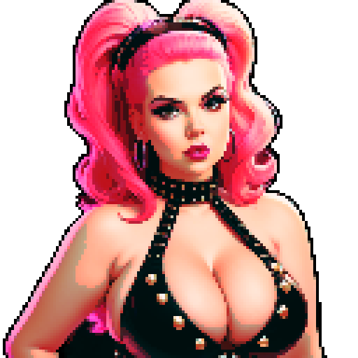 curvy, busty 1980s rocker babe with studded collar. Portrait of head, in a close up glamour shot.  Wearing Halter top. Neon lighting, modern tile backsplash