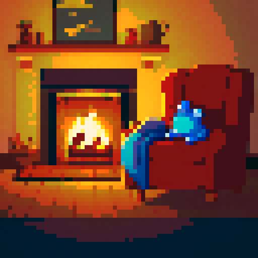 cozy, dimly lit room, small, jovial frog, plush couch chair, vast furniture, flickering flames, nearby fireplace, warm glow, soft golden light, comfort, relaxation, mug, tiny webbed fingers, steaming coffee, pure bliss, pixel art, sRGB