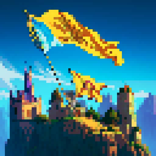 Guild flag, glowing gold, mystical enviorement, fantasy world, Tibia RPG, Urafiki name on flag