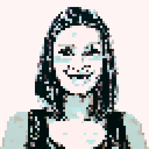 Smiling young Asian woman's pixel art portrait in anime style, featuring a close-up of her face.