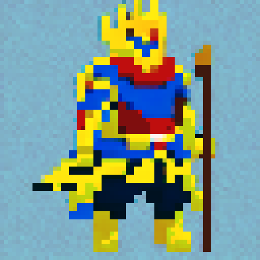 King with blue cloak, gold crown, sitting on a throne, holding a scepter, surrounded by knights in armor, pixel art, sRGB.