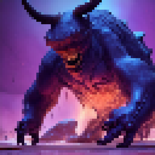  a massive, grotesque creature covered in oozing, pulsating tumors that exude toxic fumes. Its body resembles a nightmarish fusion of multiple animals, with mismatched limbs, twisted horns, and a misshapen head with glowing purple eyes. Its thick hide is almost impervious to physical attacks, and its movements are erratic and unpredictable. Its multiple legs end in razor-sharp claws that can rend through solid rock, and its massive, bulbous abdomen houses a gaping maw lined with rows of serrated