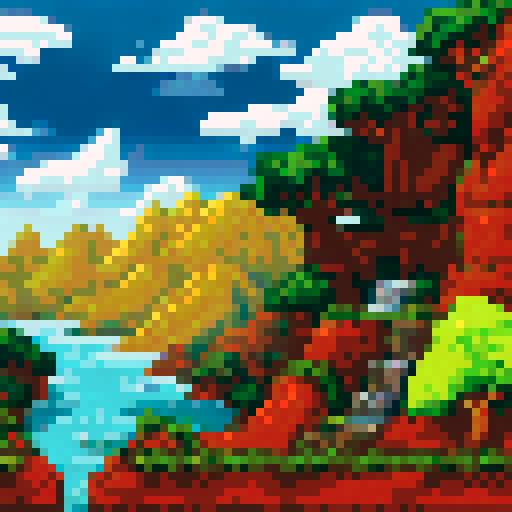 natural ridge in foreground, background consisting of dense vegetation, such as subtropical and temperate forests, cover for hunting, hilly and mountainous areas with suitable terrain for its stealthy hunting behavior, side scrolling game art, 8 bit pixel art, hard corner square pixels, 72 x 72 pixels, 32 color