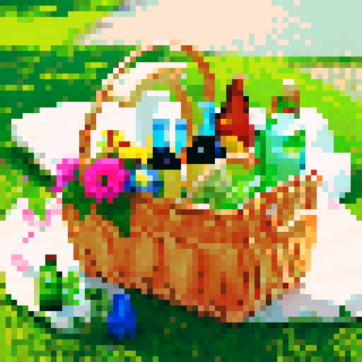 picnic basket, side view, half open, with bouquet and green glass bottle inside