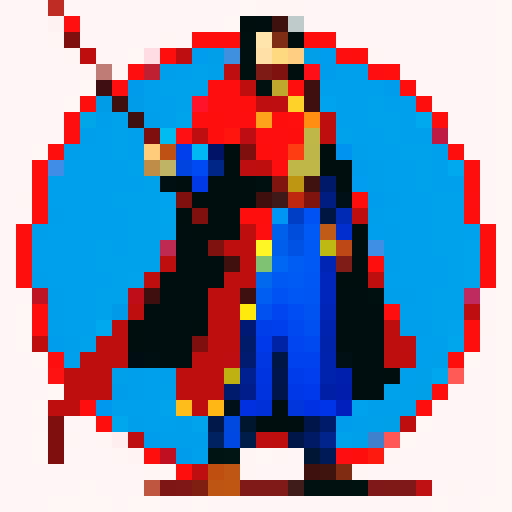 Wizard, with a flowing red cape and a vibrant blue robe, gripping a brown staff, rendered in intricate pixel art with vibrant sRGB colors