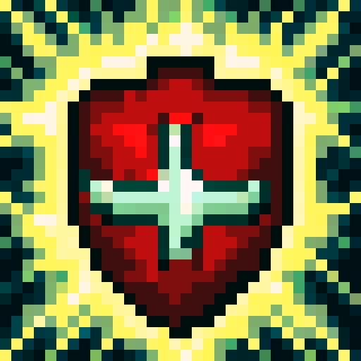 32x32 pixel art sword and shield game icon featuring a close-up, portrait-style depiction of a masterfully crafted knight's shield emblazoned with a fiery dragon motif, the crossed swords behind it etched with a gleaming, silver finish in a skill art style.