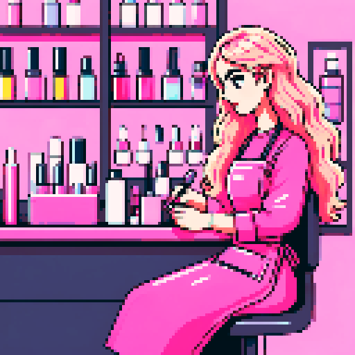 A nail tech with long blonde wavy hair, wearing a pink apron, doing her client's nails in a nail salon. 