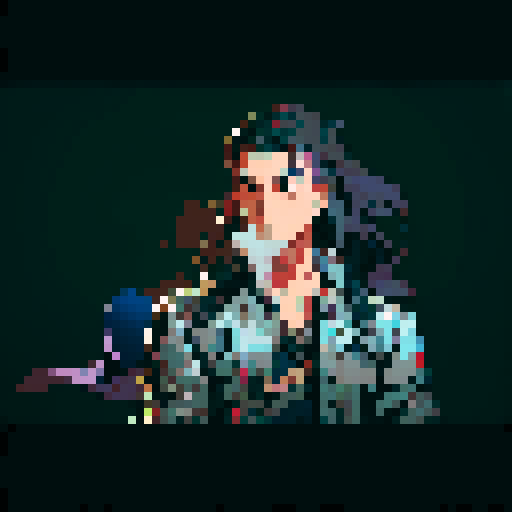 handsome man, long hair, vibrant colors, bold lines, pixelated details, sRGB color space, pixel art