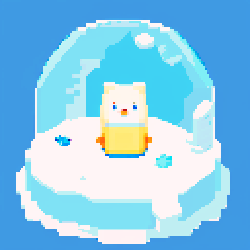 tiny eskimo pixel character, petting pixel seal animal, on iceberg, with tiny cabin nearby, pixel art, sRGB