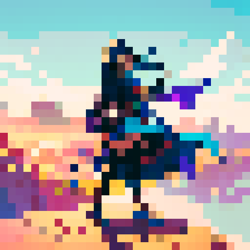 Heroine with a hood, mid run to the right, vibrant colors, blocky pixels, retro video game style, dynamic pose, flowing cape, intense shadows, atmospheric lighting, stylized background, dramatic perspective, detailed textures