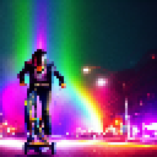 Rainbow-hued Joe Biden, rocking a helmet, cruising down a neon-lit street on a skateboard.