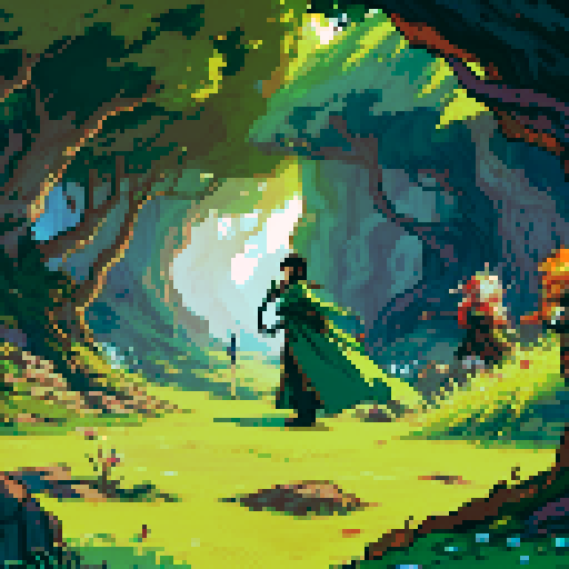 character, cave overgrown with leafs and trees, spiders, sword, sRGB, pixel art