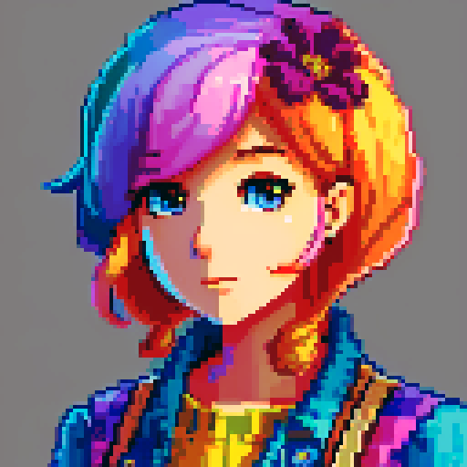 stardew valley inspired, female character, vibrant colors, pixelated style, rural farm setting, blooming flowers, vintage clothing