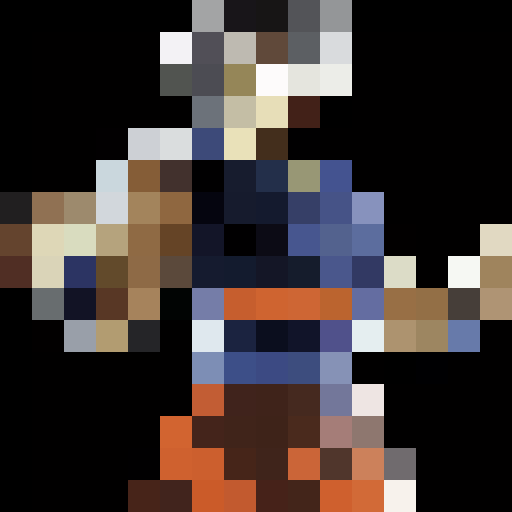 Create a 60x60 pixel art of Goku, with accurate features: spiky hair, orange and blue suit. It should mimic the anime’s style, resembling classic 8-bit video game art and be highly recognizable.