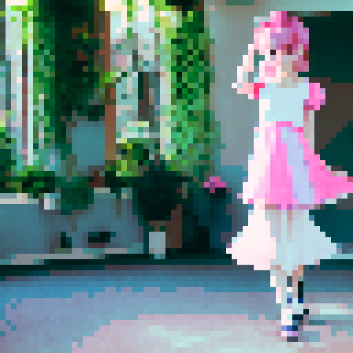 Pink-haired anime girl wearing a flowy sundress twirling around a sun-drenched living room filled with plants and colorful decor, surrounded by floating musical notes and glittering stars
