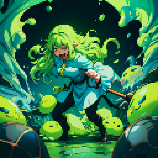 slime surging up around someone, slime engulfing a hero, slime consuming a hero, hero getting engulfed by slime, slime attack, dynamic, slime slamming into someone, impact, splashing slime, full-body image, full-body art