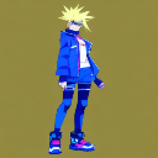 A cyberpunk themed character with yellow hair that has black highlights, with an oversized blue jacket, standing idle like a JRPG battle idle pose. No background.