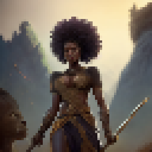 Generate an african Female king warrior with a black panther by her side