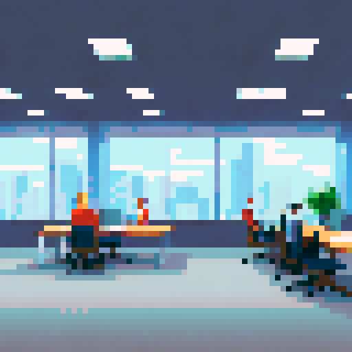 A conference room with office workers and a big window at the back wall