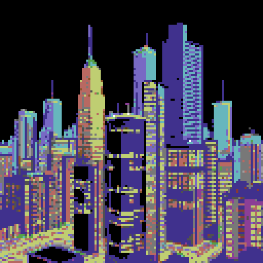 large skyscrapers at night, large dark blue sky, viewed from afar, retro, nostalgic feel